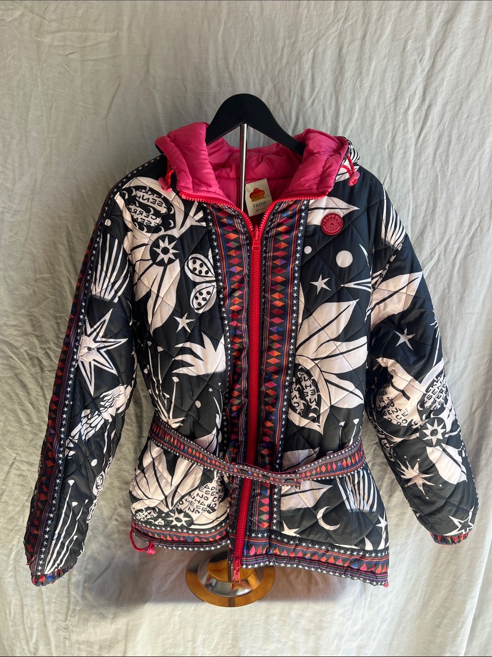 Farm Rio Cerrado Sky Reversible Puffer Jacket Size L Black White Rainbow